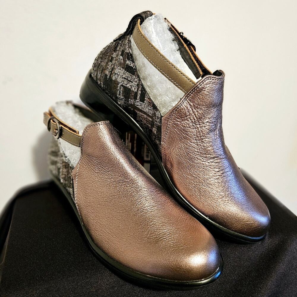NAOT woman's Kamsin metallic leather bootie Slip on with Velcro strap size 37